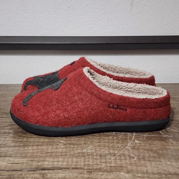 LL Bean Daybreak Scuffs Women's Wool Slippers Black Cat Fleece Lined Size 8 Red - Picture 1 of 9